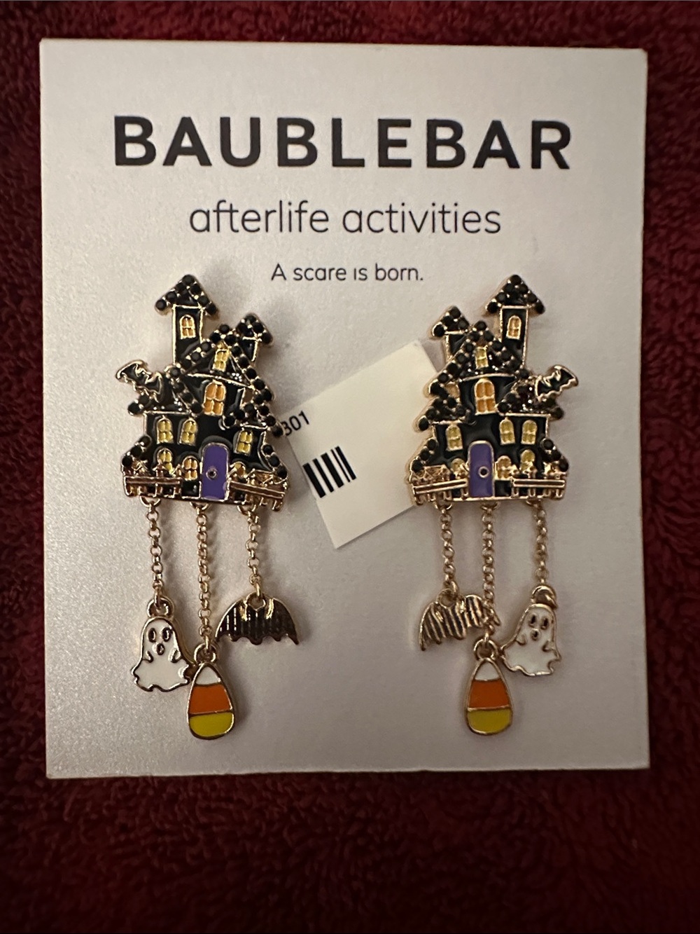 BaubleBar NWT Haunted House Drop Earrings - Purple, Black, Gold, White, Orange
